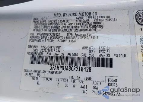 2012 Ford Fusion Sel из США, поврежденный, VIN 3FAHP0JA8CR218428